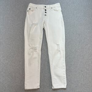 KanCan Jeans Button Fly Skinny  Women's 3/25 White KC5118W1 Mid Rise Distressed